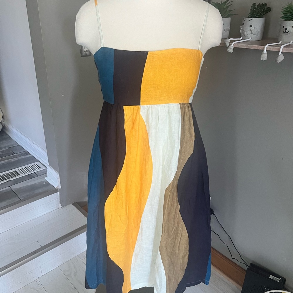 100% Linen Cala de La Cruz Denise Blue and Yellow Midi Sundress